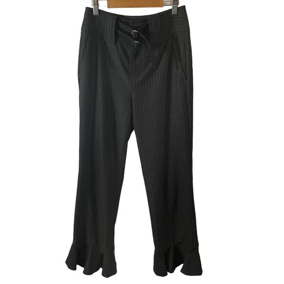 REBECCA TAYLOR Pinstripe Ruffled Pants In Navy Combo Size 2 - Picture 1 of 10